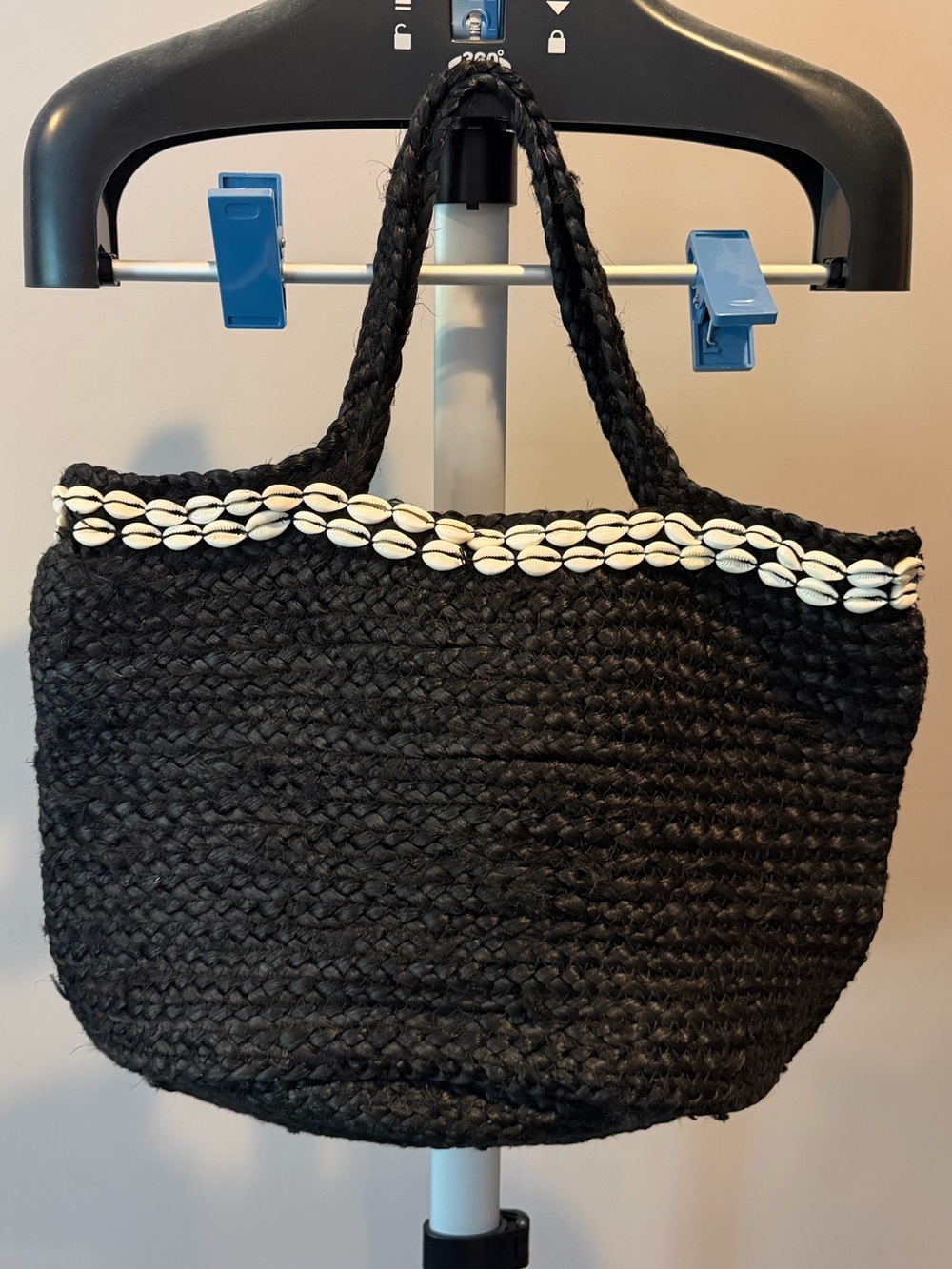 Zara Black Woven Tote with White Shell Trim